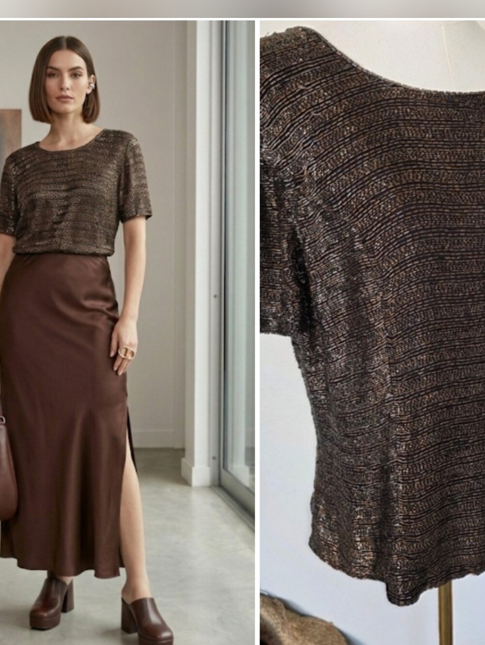 VTG Oleg Cassini Beaded Bronze Metallic Silk Top NWT Size  L